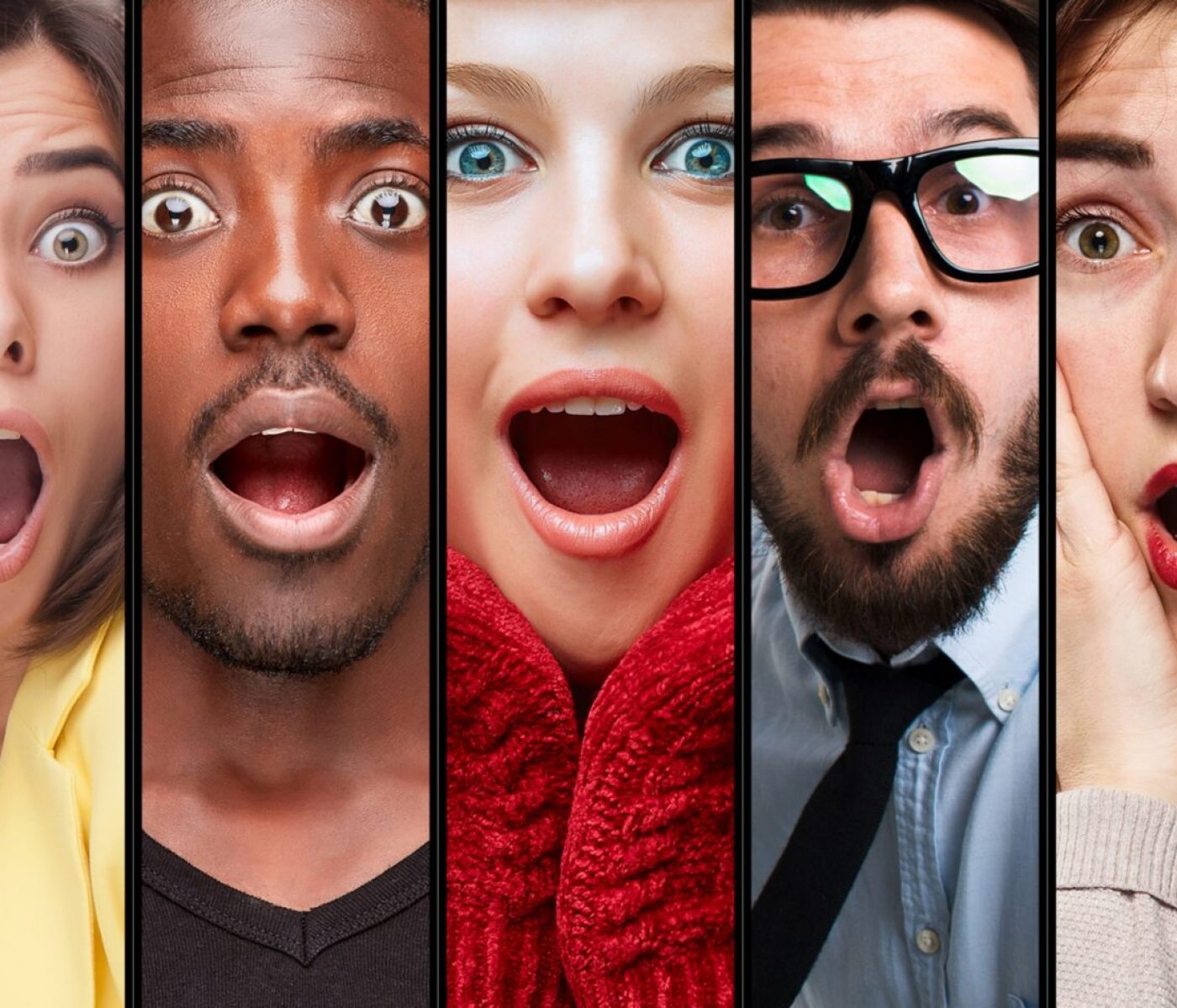 The collage of surprised young men and women